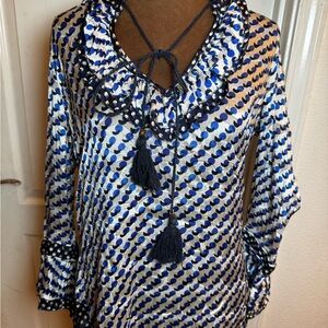Gorgeous Tory Burch Silk Blend Blue and White Blouse